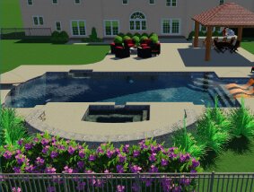3d rendering with pool, house, bar, and seating area