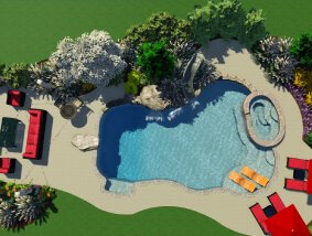 areal 3d rendering of pool, hot tub and seating area
