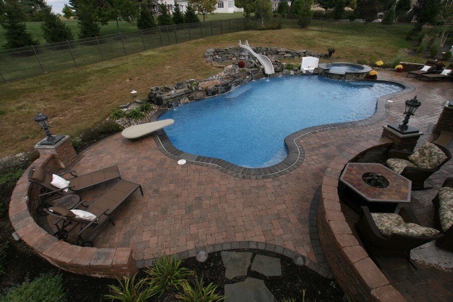 Brick Patio With Pool Slide Diving Board Brick Patio With Pool Slide Diving Board